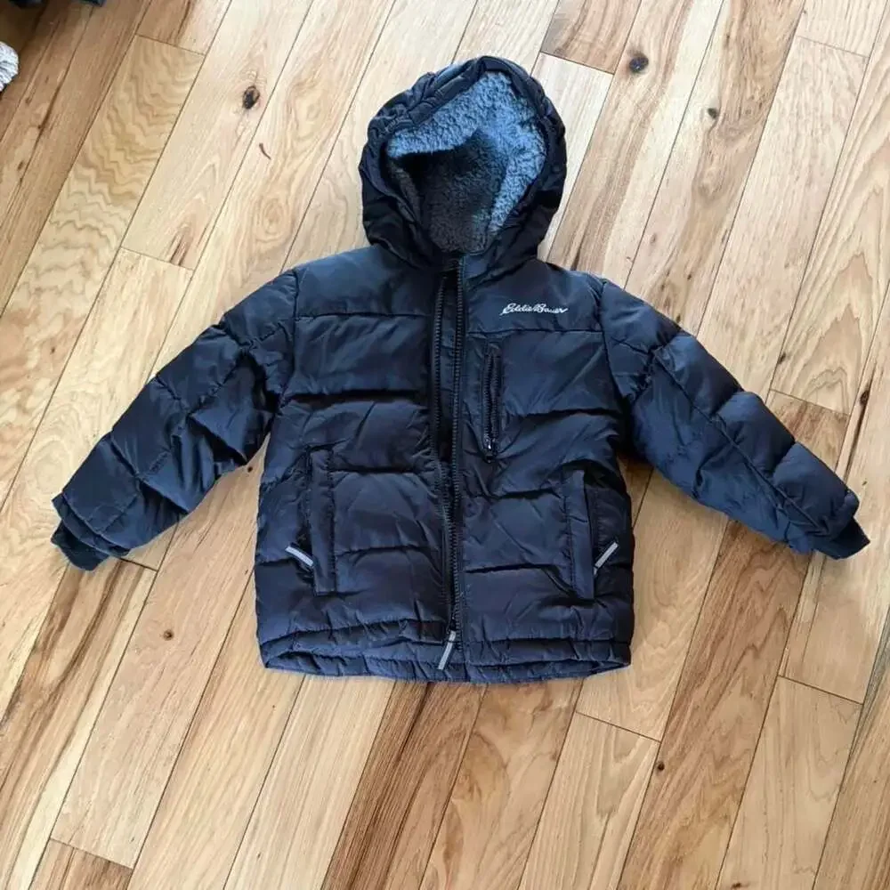 Eddie Bauer Kids Black Down Puffer Jacket with Faux Fur Lining